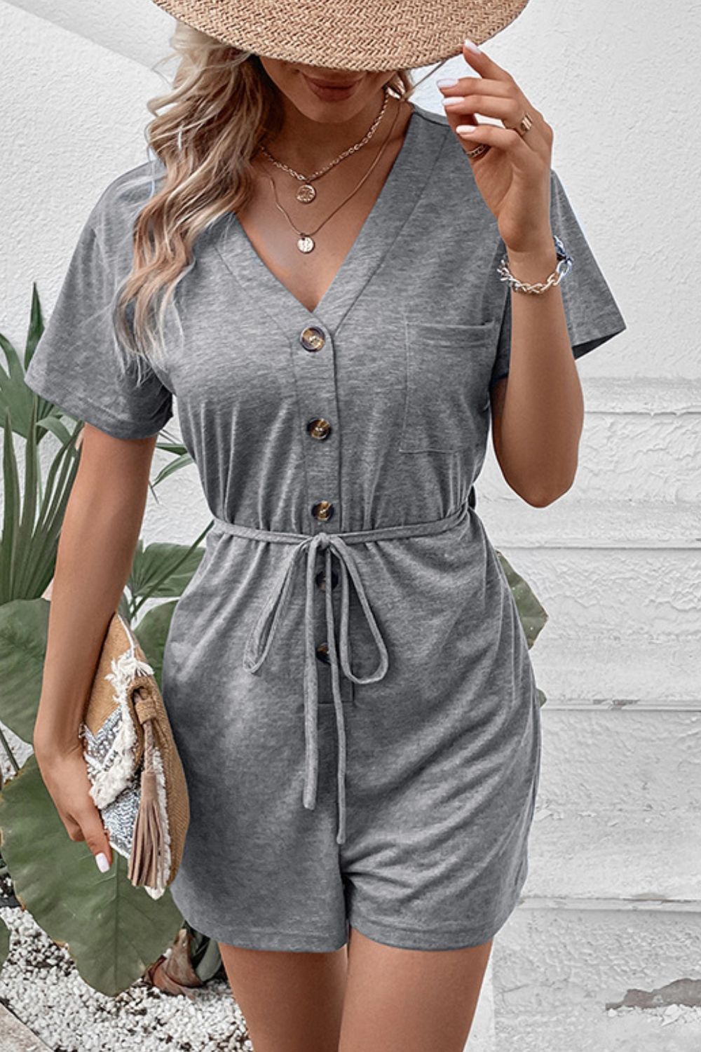 V-Neck Short Sleeve Tied Romper